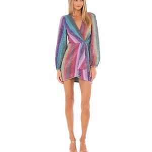🌈🍑Multicolor Sequin Sparkle Striped Faux Wrap Mini Dress🍑🌈